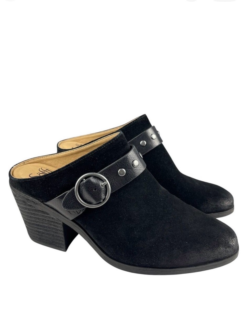 Sofft Women’s Clog Mules 11M Black Suede Buckle Strap Block Heel Slip-On Shoes
